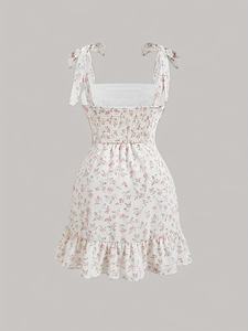Asymmetrical Backless Lace Floral Print Knee-Length <b>Dress</b> with <b>Spaghetti</b> <b>Strap</b> and Ruffled Hem - Product Image 5