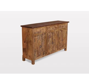 Buffet d'appoint traditionnel en bois avec panneaux gravés à la main et un grand rangement multi-étagères pour un style élégant - Product Image 2