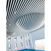 Plafond en grille d'aluminium ondulé 3D, finition grain de bois, ignifuge, imperméable, sur mesure pour bâtiments commerciaux modernes