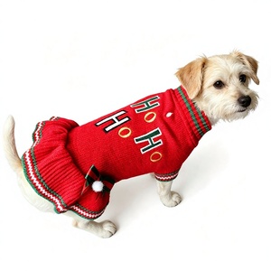 Vestito per cani rosso natalizio con ricamo Ho Ho Ho, collo alto, fiocco a volant, a costine, caldo e accogliente per l'inverno, personalizzabile con logo, per cani di piccola taglia femmina - Product Image 1