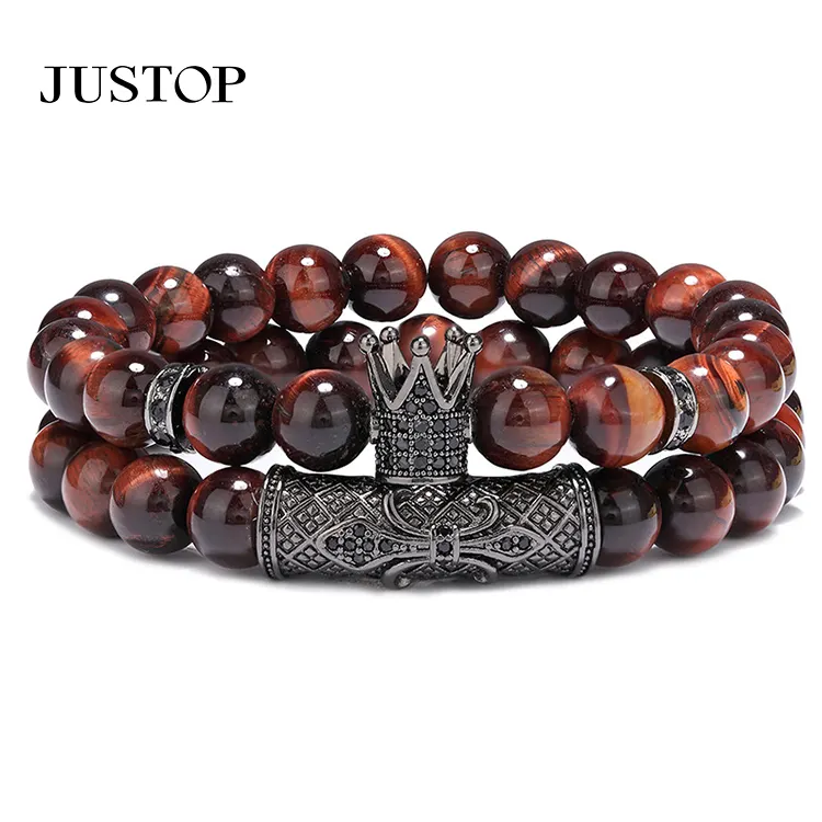 Bracelet Homme Luxury Hand Jewelry Men's 2Pcs/Set Elastic Natural Red Tiger Eye Stone Micro Pave CZ Royal Crown Bracelet Set