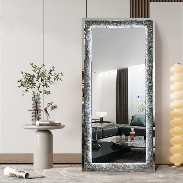 Luxury Sparkle Diamond Crushed Standing Floor Mirror Bedroom Furniture Long Mirror with Led Light Speaker Full Length Mirror