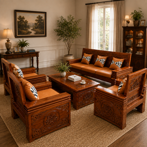 Heritage Jepara Traditional Square Solid Teak Wood Eco-Friendly Durable <b>Sofa</b> <b>Bed</b> Set Cushion Back Scroll Arms Fabric Living Room - Product Image 1