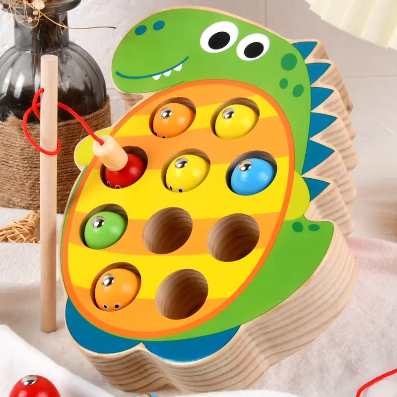 TS Children's Wooden Cartoon Dinosaur Animal shape Fishing Toys Magnetic Fishing Game For Preschool Kids