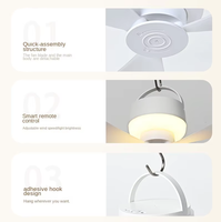 Mini ventilateur de plafond suspendu avec lumière, 5 vitesses, 3 couleurs, télécommande, crochet en S pour dortoir, lit superposé, tente, camping, chambre, moustiquaire