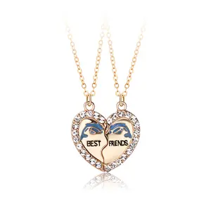 Dolphin BFF Necklace Best Friends Necklaces Rhinestone Heart 2pcs animal Crystal Necklace For Bestfriend friendship forever