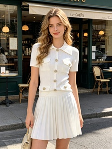 En Stock: Conjunto de Falda Midi Plisada <span class=keywords><strong>y</strong></span> <span class=keywords><strong>Camisa</strong></span> de <span class=keywords><strong>Manga</strong></span> <span class=keywords><strong>Corta</strong></span> Tejida con Cuentas, de Alta Gama <span class=keywords><strong>y</strong></span> a la Moda, Nueva Colección de Verano - Product Image 1