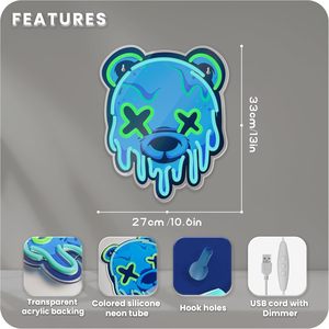 Lumières néon LED USB Ice Bear – Décoration murale Ours cool, luminosité réglable pour chambre, fête, chambre d'adolescent, homme, paysage - Product Image 2