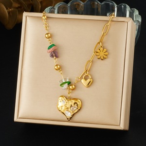 Heart-Shaped Diamond Pendant Gold Plated Stainless Steel Chain Necklace With Gemstone Beads For Daily Wear Gift - Product Image 1