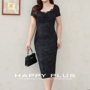 Robe moulante noire pour femmes grandes tailles Runqi, col rond, manches courtes, couleur unie, coupe ajustée, longueur mi-longue - Product Image 2