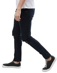 wholesale Stretch twill Dark wash Regular rise Concealed fly Functional pockets Ripped knees Cropped new style jeans pent men