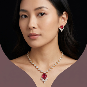 Luxury Gold Plated Brass <b>Ruby</b> Red CZ Gemstone Pendant <b>Necklace</b> Stud Earrings Jewelry Set for Women Wedding Party - Product Image 2