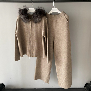 Mềm Dài Quần Hai Mảnh Sang Trọng Dệt Kim Sweatsuits Bất Fox Cổ Áo Lông Trùm Đầu Phụ Nữ Len Áo Len Và Quần Thiết Lập Tùy Chỉnh - Product Image 5
