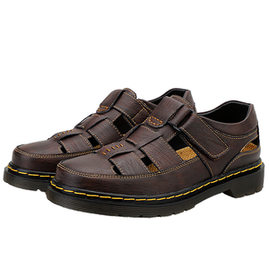 Sandales d'extérieur décontractées pour hommes en cuir véritable, motif uni, antidérapantes, durables, à enfiler, avec semelle extérieure en tendons de bœuf, pour l'été - Product Image 1