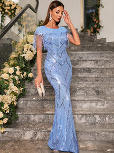 Lüks zarif kat-uzunluk kaporta boyun saçak dekor resmi balo/parti kadın pullu Mermaid abiye V boyun geri - Product Image 6