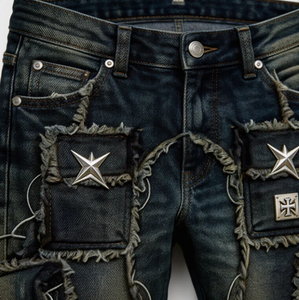 Pantalones de mezclilla Wangsheng <span class=keywords><strong>para</strong></span> <span class=keywords><strong>hombre</strong></span>, corte regular, cintura media, lavado oscuro, pierna ancha, desgastados, con bolsillos cargo, detalles de estrellas, longitud completa - Product Image 4