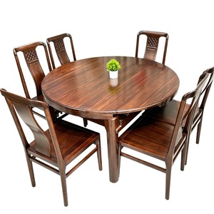 Chinese Style Solid Wood <b>Dining</b> <b>Table</b> And <b>Chair</b> Set 6 Piece Extendable Round <b>Folding</b> For Home <b>Dining</b> Room - Product Image 4
