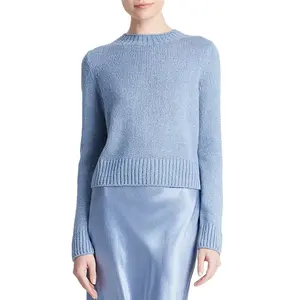 Knitwear Factory Custom Spring Autumn Blue Crew Neck Long Sleeved Ribbed Knit Pullover Sweater Women