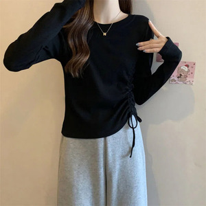 Haut asymétrique à manches longues avec fronces latérales et cordon de serrage, épaules découpées, en maille côtelée, style basique 2026 - Product Image 3