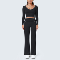 Conjunto de Dos Piezas para Yoga y Ejercicio, Top Corto con Cuello en V y Manga Larga, Pantalones de Cintura Alta y Pierna Ancha, 11 Colores