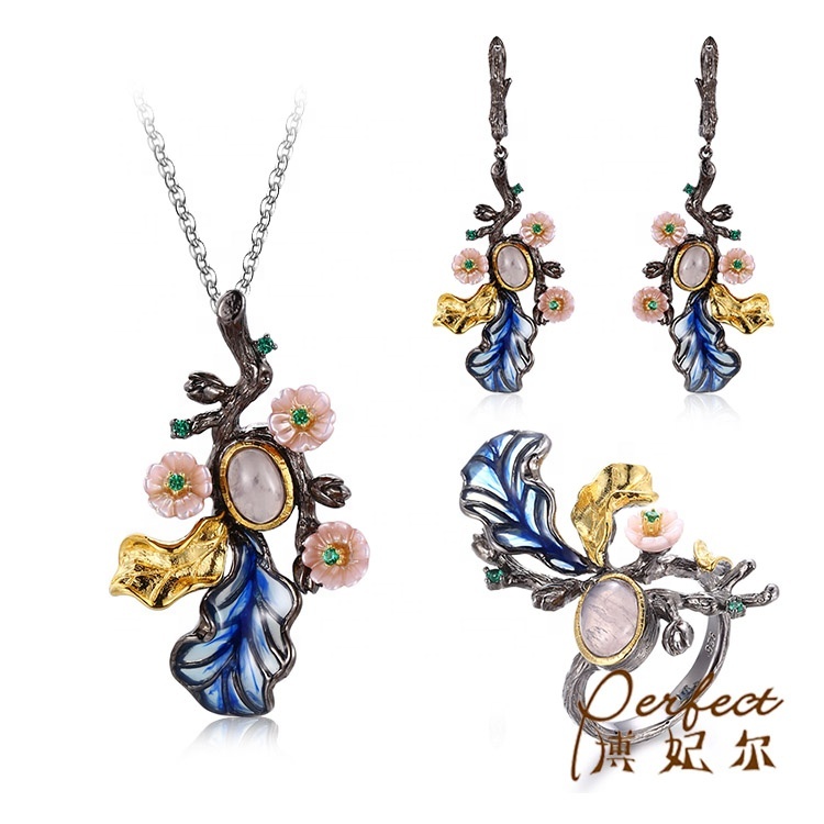 Nueva moda pendientes de plata 925 pendientes de collar rodio chapado en oro Shell flor esmalte Zircon conjunto de joyas