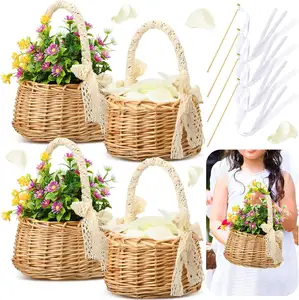 Hand Woven Wedding Flower Girl Baskets With Handle And Ribbon Wicker Rattan Gfit Basket For Home Garden Decor