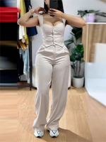 Ensemble élégant 2 pièces pour femme : Gilet court sans manches à col cœur et boutons, et pantalon taille haute à jambes larges
