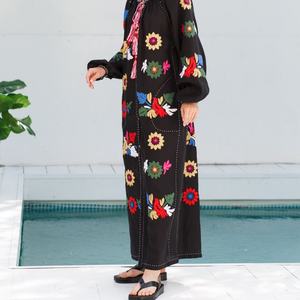 Elegante Vestido de Lino y Algodón Personalizable, Cuello Redondo, Estilo Casual Holgado, Manga Larga, Midi, Vestido de Verano para Mujer - Product Image 3