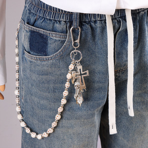Cadena de pantalón con cuentas de calavera turquesa blanca y colgante de cruz, cadena de cintura de una sola capa estilo Hip Hop, accesorio de moda casual - Product Image 2