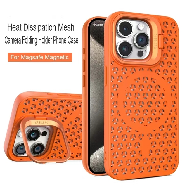 Luxury Camera Folding Holder Phone Case for iPhone 15 14 Plus 12 13 11 Pro Max Wireless Charge Heat Dissipation Soft Cover