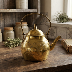 Vintage Brass Tea Kettle With <b>Lid</b> Metal Handle Decorative Engraved Design Water <b>Pot</b> Kettles - Product Image 5