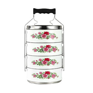 批发圆形搪瓷状喷漆304不锈钢Tiffin午餐盒，带多层便当盒木柄 - Product Image 1