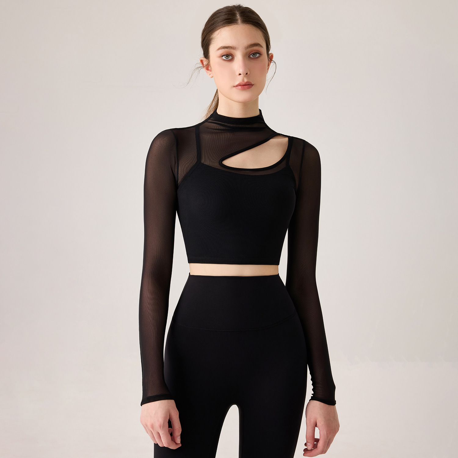 Asymmetric Hollow Shoulder Long Sleeved Sports Wear Workout Dance Shirts Breathable Sexy Mesh Pilates Yoga Top for Women
