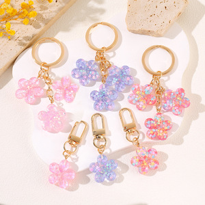 New Creative Flower Keychain Resin Pentacle Glitter Flower Key Chain Girl Bag Pendant Car Key Accessory Gift for Women