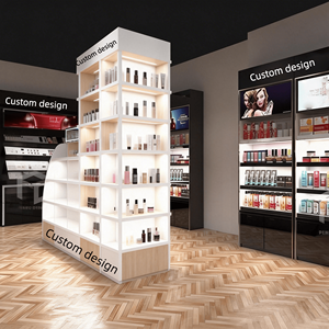 ชั้นวางเครื่องสำอางแบบมีไฟ LED แบบกำหนดเอง - ชั้นวางสินค้าสำหรับร้านค้าปลีกทำจากไม้และสีขาว พร้อมชั้นวางปรับระดับได้สำหรับ<span class=keywords><strong>ร้าน</strong></span>เสริมสวย - Product Image 5