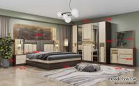 Ensemble de chambre à coucher complet de style turc, taille King Size, pour adultes, lit double, cadre en MDF, mobilier de chambre moderne complet avec lampe