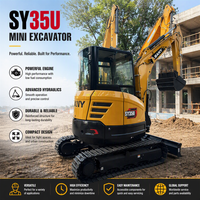 Excavator Mini Crawler SY35U 3.5 Ton Zero Tail Digger Bekas untuk Pembersihan Lahan Padang Rumput dan Pembuatan Parit