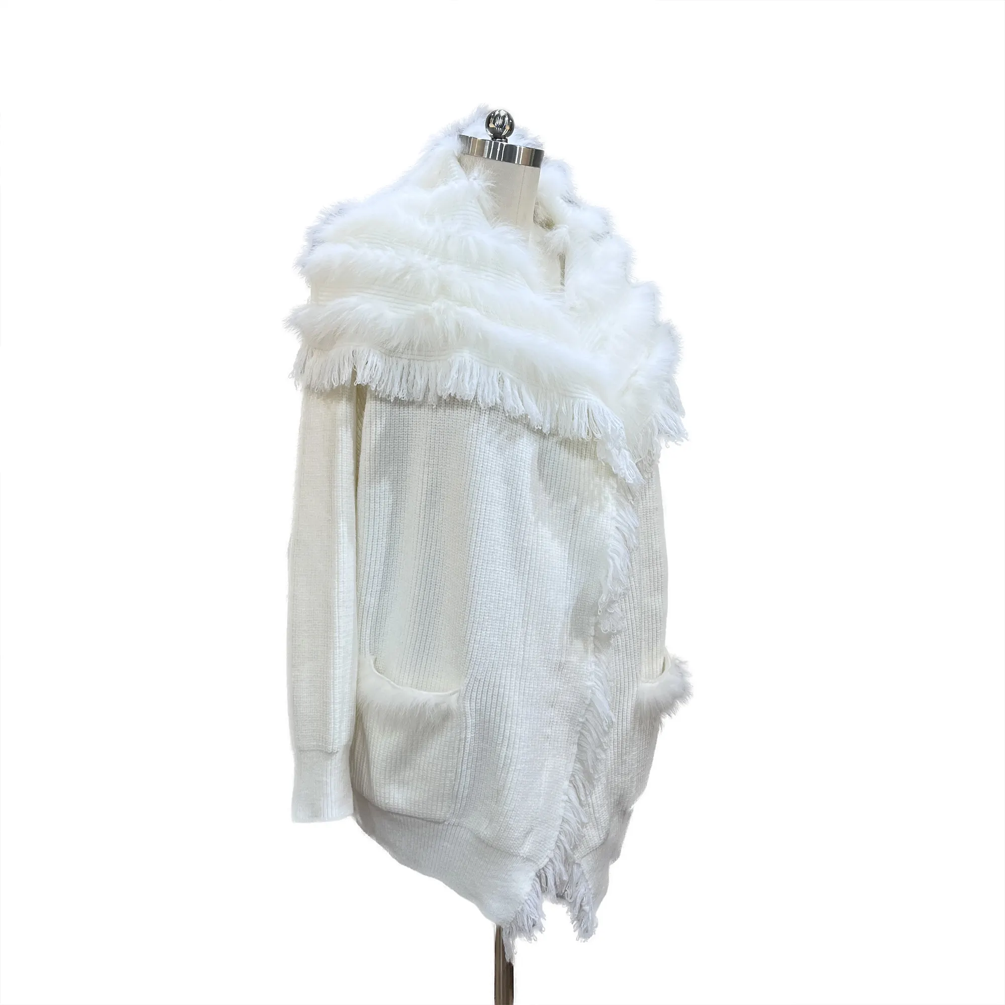 Mới đến mùa thu thời trang kích thước lớn lông TRIM thanh lịch tùy chỉnh dài dệt kim cardigans phụ nữ