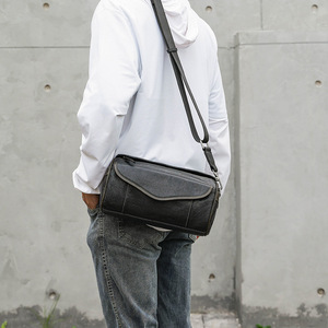 Men's Crossbody Bag Genuine Leather Black Small <b>Square</b> Shoulder Bag Durable Everyday Use Spring 2023 - Product Image 1