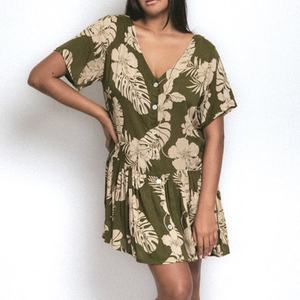 Robe bohème à fleurs de conception d'usine, bouton, col en V, robe décontractée, lin de haute qualité mélangé à du coton, robe mi-longue - Product Image 4