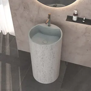 Bathroom Gray Circular Concrete Basins Floor Mounted European Style Freestanding Pedestal Wash Basin