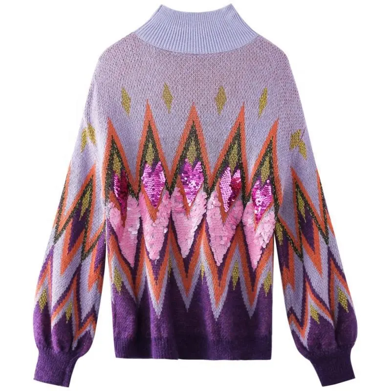 Expensive! Purple Knitted Color Matching Wool Blended Sequined Winter Sweater For Women