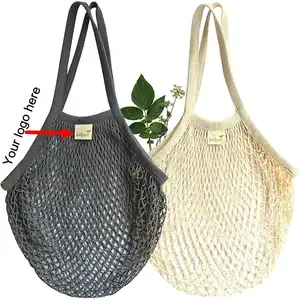 Logo personalizzato grande borsa in rete di cotone riutilizzabile borse a rete per la spesa con stringhe per il pacchetto di alimenti per frutta e verdura