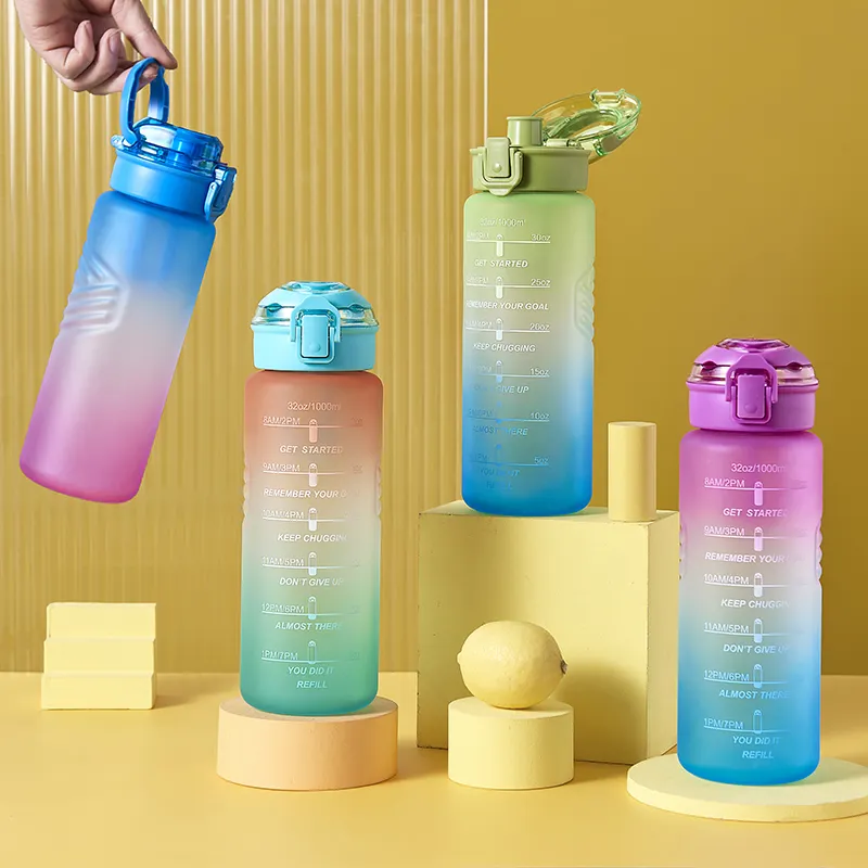 Botol Air Plastik Motivasi Dapat Didaur Ulang Portabel Disesuaikan Wadah Fitness Kapasitas Besar 1 L Kendi Air