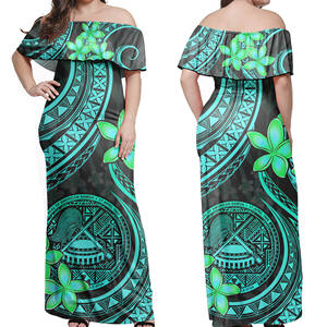 Puletasi samoan naturel longueur ras du sol, style bohème polynésien tribal, motif plumeria tatoué, épaules dénudées, personnalisé, vente en gros économique - Product Image 4