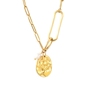 จี้มุกน้ำจืดทรงรีดีไซน์ย้อนยุคหรูหราเบาๆ สไตล์ยุโรปอเมริกัน ทอง 18k พร้อมสร้อยคอสแตนเลส - Product Image 5