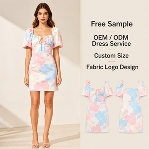 Abiti da donna <span class=keywords><strong>rosa</strong></span> pastello e blu floreale con scollo quadrato, maniche a sbuffo e laccetti frontali, mini abiti aderenti - Product Image 1