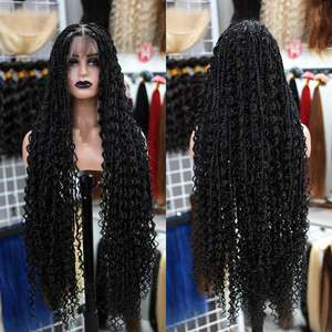 Natural Black Full Lace Transparent Lace <b>Synthetic</b> <b>Wig</b> with Triangle Knotless Braided Women's Natural Wave Boho Braid <b>Wigs</b> - Product Image 3