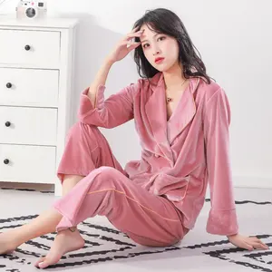 Velvet Pajamas Women Suit Long-sleeved Two-piece Plus Size Pajamas Sleepwear for Women Women Sexy Nightwear Robe Sets Plain Dyed