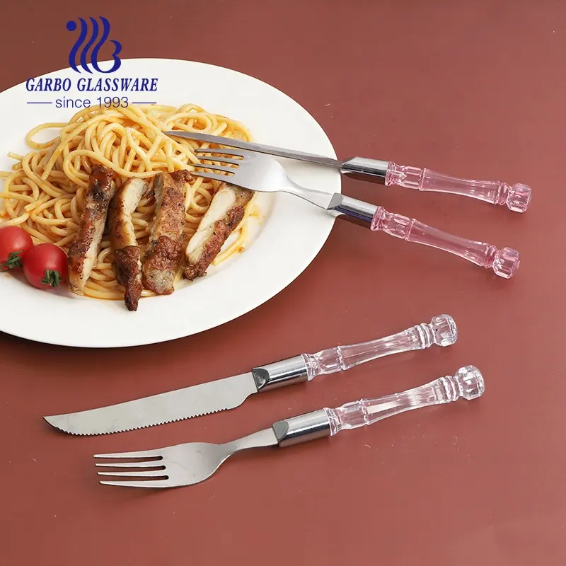 18-0 304SS 430SS 410SS ABS PS plastic pink handle stainless steel flatware set cutlery dinner spoon steak knife dessert fork